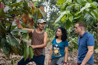 Ludovic Schorno with farmer Ernesto Larios Machado and daughter Meysi Nayeli Larios Duarte in their Cocoa Agroforestry system in Rancho Grande, Matagalpa, Nicaragua. © Comundo/Kuba Okon