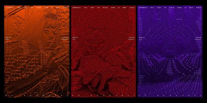 Drei Plakate, eher dunkel, neben einander. Orange mit Figur (Rotkäppchen?), rot mit Bären und violett mit 7 Figuren, die Umhänge tragen und um etwas versammelt stehen (v.l.n.r.) 