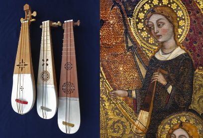 Prototypen der Saiteninstrumente Rabab und Rebec auf der rechten Seite, kirchliche Darstellung eines Engels mit dem Instrument in der Hand auf der rechten Seite. 