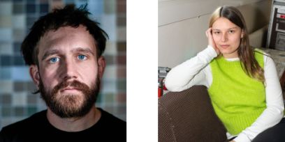 Bildkomposition aus zwei Bildern. Links: Ein Mann schaut direkt in die Kamera. Er hat dunkle Haare, Vollbard und blaue Augen. Rechts: Eine Frau schaut in die Kamera, sie sitzt auf einem braunen Sofa. Sie hat blond-braune Haare.