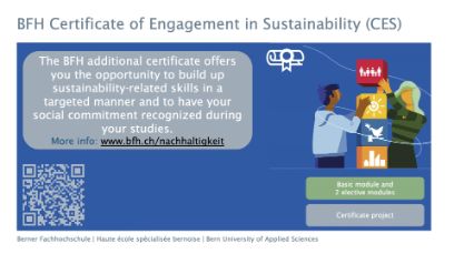 PowerPoint slide: The BFH additional certificate offers you the opportunity to build up sustainability-related skills in a targeted manner and to have these and your social commitment recognized during your studies.