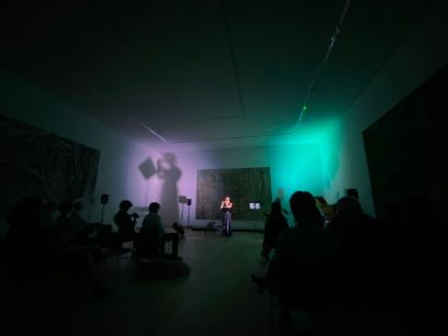 Studentin Yvonne Gisler im Konzert, farbige Schatten in einem dunklen Saal, sie spielt ein Instrument