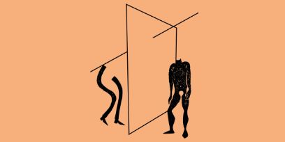 Grafik mit schwarzen stilisierten Körpern durch ein perspektives Quadrat getrennt vor orangem Hintergrund..