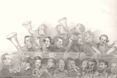 Bleistiftzeichnung eines Orchesters mit Blechblasinstrumenten
