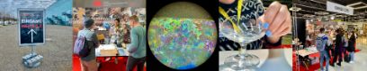 Es sind fünf verschiedene Bilder von der Messe Cultura Suisse zu sehen. Bild 1: Ein Plakat das zum Eingang der Messe führt. Bild 2: Zwei Männer stehen an einem Stand und sprechen mit einer Frau. Bild 3: Eine Aufnahme durch ein Mikroskop. Bild 4: Eine Hand setzt flickt ein zerbrochenes Glas zusammen. Bild 5: Menschen stehen an einem Stand des CRC.