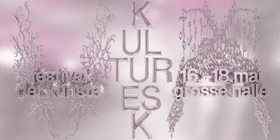 Grafik in verschiedenen Grau- und Rottönen, links steht «festival der künste», in der Mitte «Kulturesk» und rechts «16.–18. mai grosse halle».