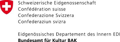 Logo der Schweizerischen Eidgenossenschaft: Eidgenössisches Departement des Innern EDI, Bundesamt für Kultur BAK. Neben diesen schwarzen Texten hat es oben links das Schweizer Wappen (weisses Kreuz vor rotem Hintergrund (in gerundetem Dreieck)).