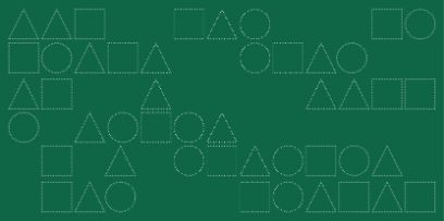 Grafik mit Konturen von Dreiecken, Quadraten und Kreisen, die vor dunkelgrünem Hintergrund unterschiedlich angeordnet sind.