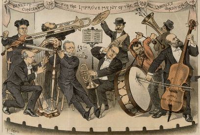Illustration von einem Orchster, die Musiker kommen sich beim spielen mit ihren Instrumenten in die Quere