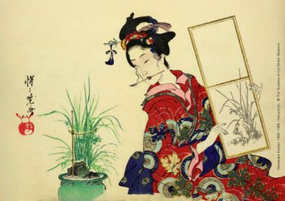 Bild im tradiotionel, japanischem Stil (Holzschnitt). Frau hält einen Bilderrahmen