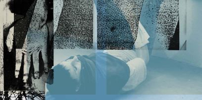 Ausschnitt aus dem Programmheft: Schwarzweissfoto-Collage mit blauen, grafischen Überarbeitungen.