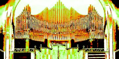 Symbolbild der Veranstaltung «Bachs Clavierübung III» in verschiedenen Gelb- und Rottönen sowie Schwarz