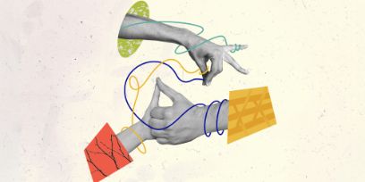 Bild; Composite photo collage of hands hold thumbs love gesture battle fighting partnership other arm sprinkle isolated on painted background.