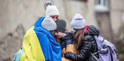 Ukrainische Familie, die ohne den Vater fliehen musste.