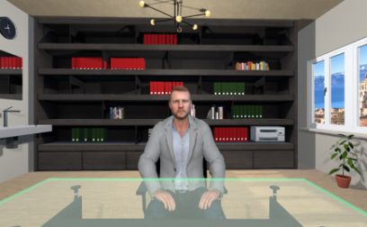 Virtuelles Büro mit einem Avatar, der an einem Schreibtisch sitzt. Im Hintergrund ein Bücherregal. 