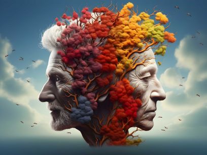 Illustration mit zwei Köpfen, sie mit dem Hinterkopf durch farbige Pflanzen miteinander verbunden sind. Sie schauen in entgegengesetzte Richtung. Eine Person wirkt traurig, die andere gefestigt. 