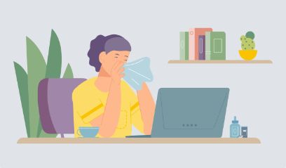 Illustration einer Frau, die sich die Nase schnäuzt und hinter einem Laptop arbeitet
