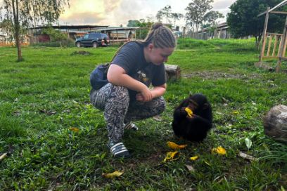 One of Rhianna's most memorable and enjoyable tasks while in Cameroon was spending time with an abandoned chimpanzee, Julie, who is being cared for at the farm.