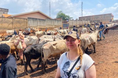 Rhianna Brahier spent six months in Cameroon for her BSc in Agriculture, specialising in International Agriculture. Here she is at cattle market in the capital city Yaoundé. Cattle is raised in the north of the country, and then brought to Yaoundé by train, truck or foot.