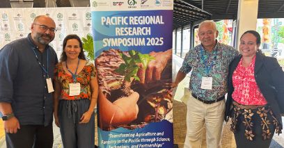 Julien with researchers from French Polynesia and Samoa at the Pacific Regional Research Symposium in Tonga in May (from left to right: Julien, Dr. J. Grandgirard, Dr. M. Wong, and Dr. R. Sulifoa).