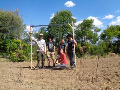 Während ihrer Masterarbeit in Bolivien halfen internationale Studierende und Freiwillige Laura (ganz rechts) bei der Vorbereitung und Bepflanzung der Zwiebelfelder. 