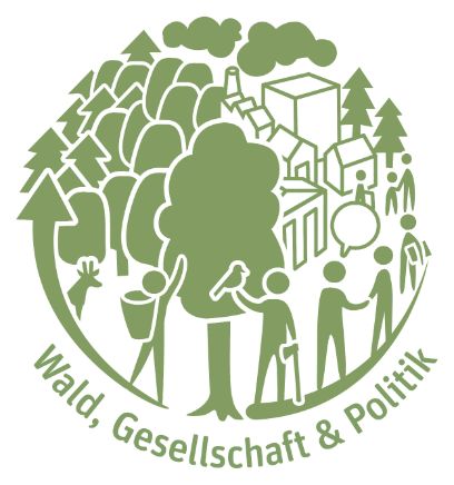 Unser Logo zeigt das Zusammenspiel von Wald, Gesellschaft und Politik – mit einem Übergang von der natürlichen Waldlandschaft mit Wildtieren hin zu einer bebauten Umgebung mit Menschen.