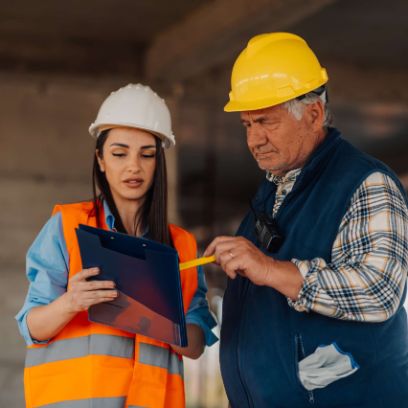 Pensionierter Ingenieur bespricht etwas mit einer jüngeren Kollegin 