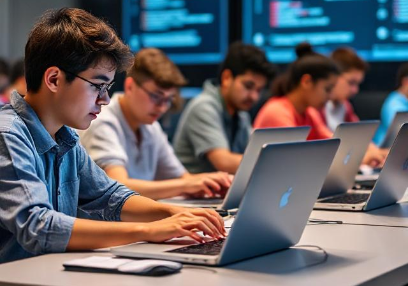 Studierende an Laptops, in einer Prüfungssituation