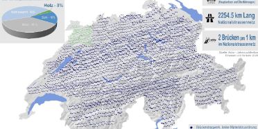 Visualisierung der Anzahl Brückentragwerke im Schweizer Nationalstrassennetz, basierend auf einer Studie anhand der Baugesuchsdaten zu Materialien in Brückentragwerken in den Jahren 2010 bis 2014.